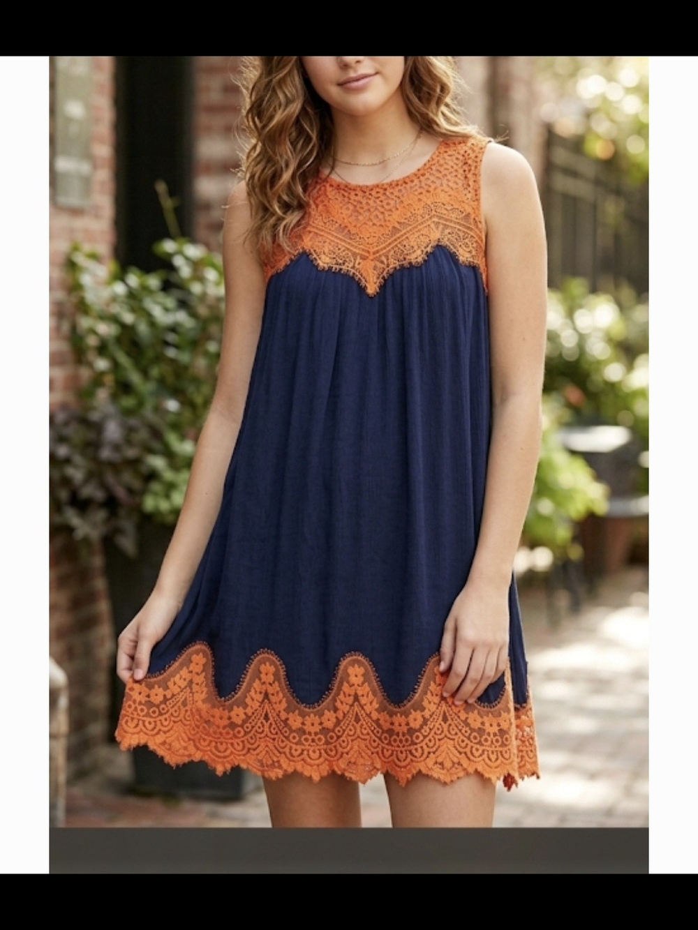 Umgee Navy and Orange Crochet Trim Mini Dress